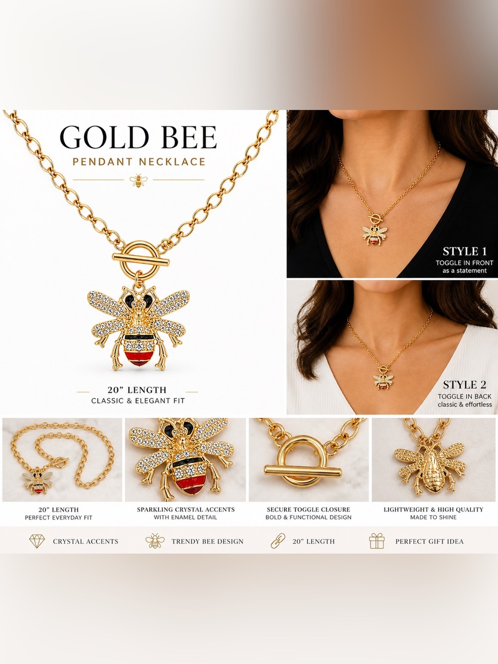 Gold Bee Pendant Necklace with Crystal Accents - Unbranded